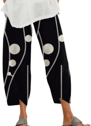 Womens Cotton Linen Capri Pants Boho Wide Leg Loose Palazzo Cropped Pants Summer Casual Baggy Trousers with Pockets