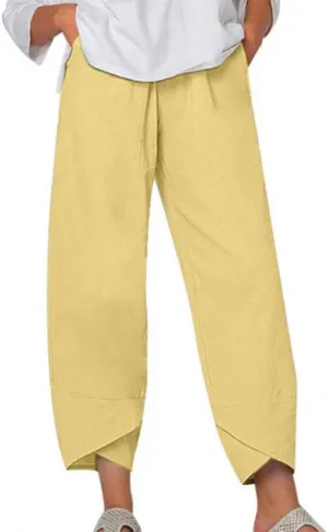 Womens Cotton Linen Capri Pants Boho Wide Leg Loose Palazzo Cropped Pants Summer Casual Baggy Trousers with Pockets