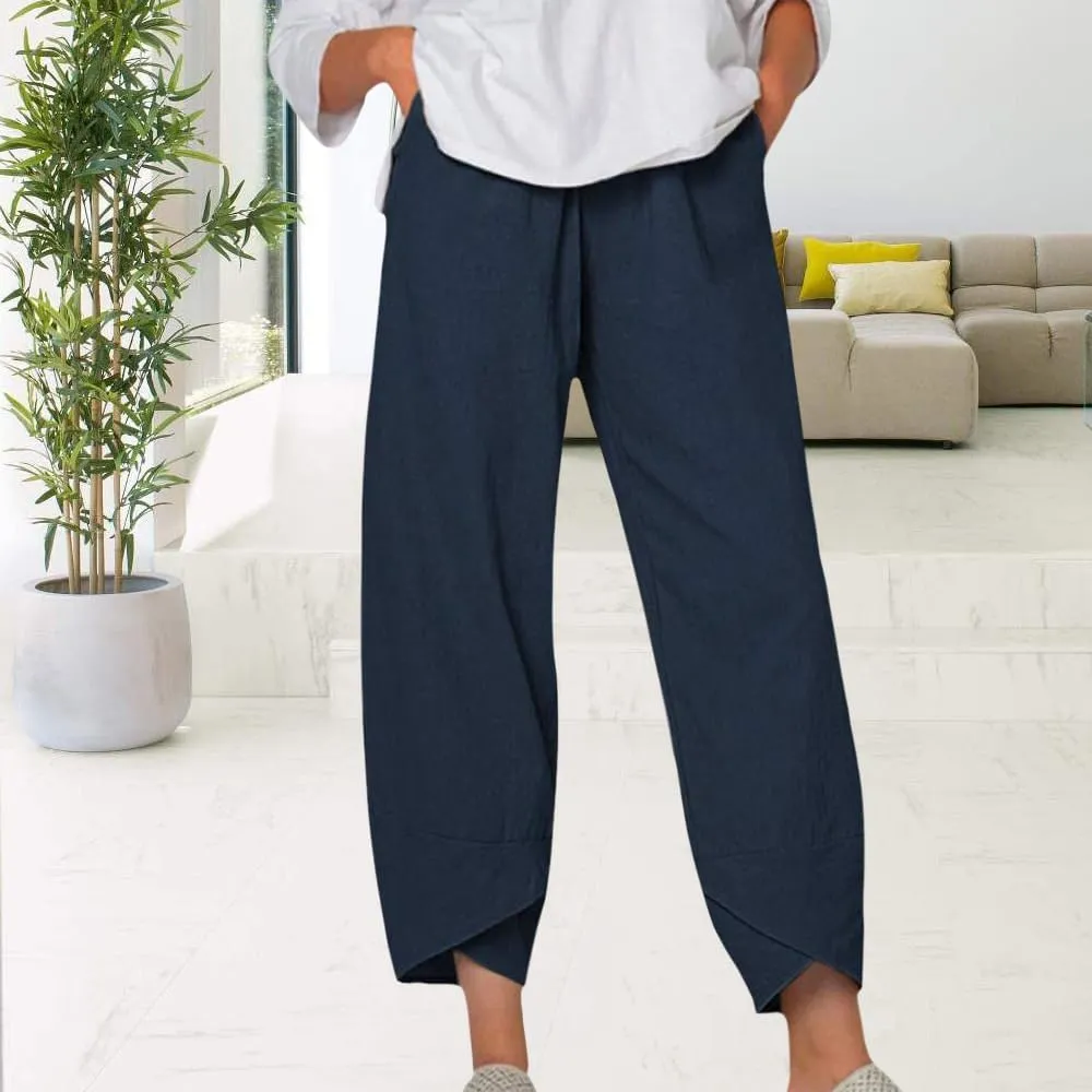 Womens Cotton Linen Capri Pants Boho Wide Leg Loose Palazzo Cropped Pants Summer Casual Baggy Trousers with Pockets