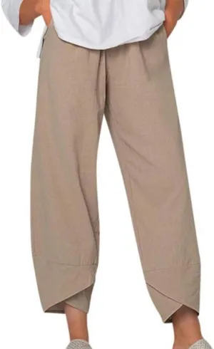 Womens Cotton Linen Capri Pants Boho Wide Leg Loose Palazzo Cropped Pants Summer Casual Baggy Trousers with Pockets