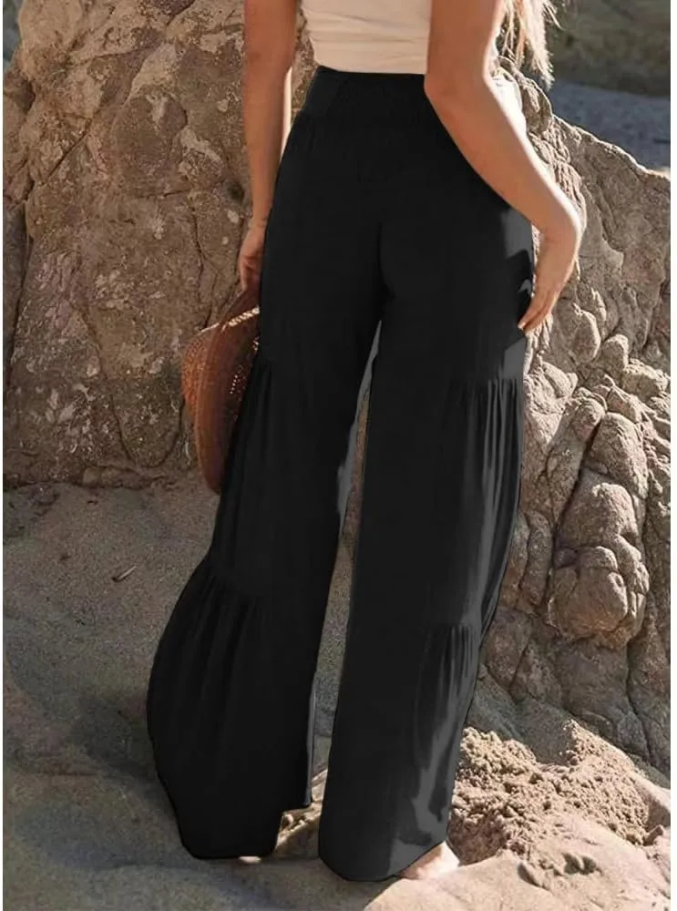 Womens Cotton Linen Wide Leg Flare Pants Fashion Belted High Waisted Layered Smocked Ruffled Solid Lounge Trousers