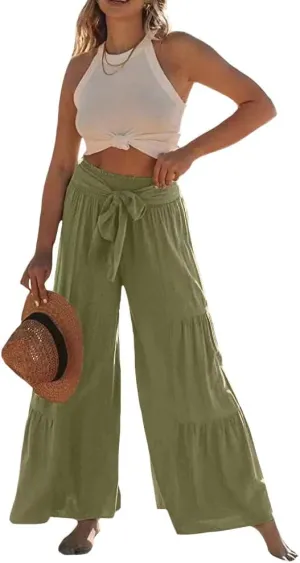 Womens Cotton Linen Wide Leg Flare Pants Fashion Belted High Waisted Layered Smocked Ruffled Solid Lounge Trousers