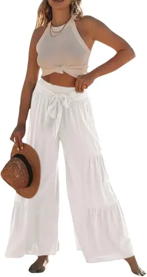 Womens Cotton Linen Wide Leg Flare Pants Fashion Belted High Waisted Layered Smocked Ruffled Solid Lounge Trousers