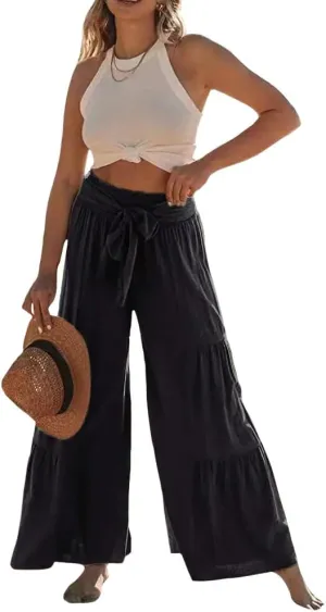 Womens Cotton Linen Wide Leg Flare Pants Fashion Belted High Waisted Layered Smocked Ruffled Solid Lounge Trousers