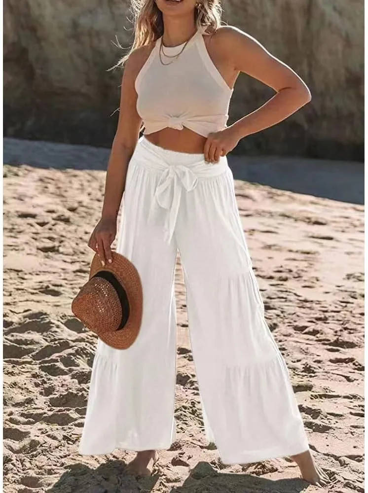 Womens Cotton Linen Wide Leg Flare Pants Fashion Belted High Waisted Layered Smocked Ruffled Solid Lounge Trousers