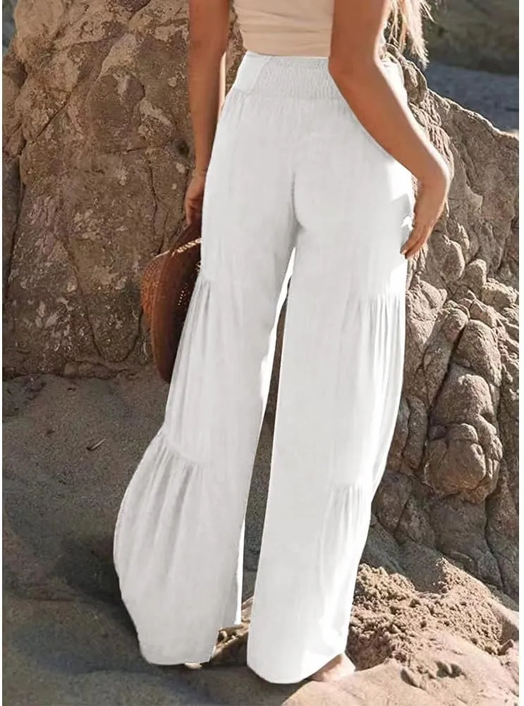 Womens Cotton Linen Wide Leg Flare Pants Fashion Belted High Waisted Layered Smocked Ruffled Solid Lounge Trousers