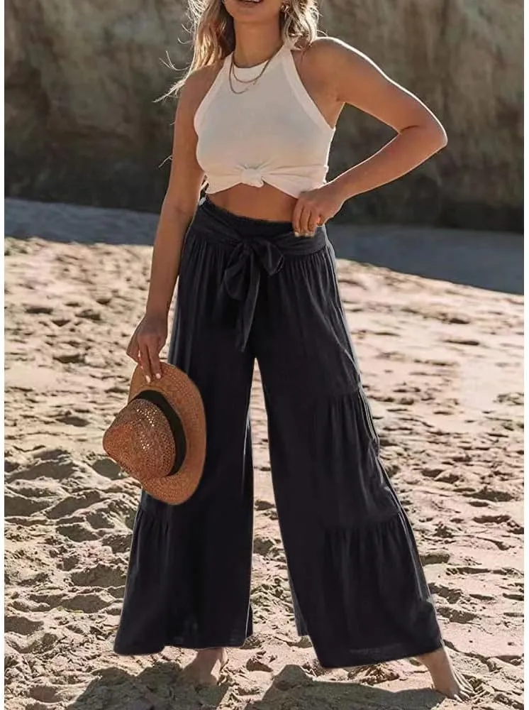 Womens Cotton Linen Wide Leg Flare Pants Fashion Belted High Waisted Layered Smocked Ruffled Solid Lounge Trousers