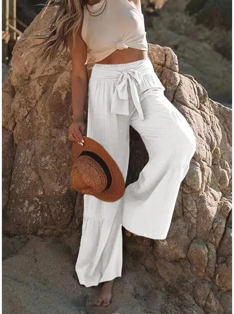 Womens Cotton Linen Wide Leg Flare Pants Fashion Belted High Waisted Layered Smocked Ruffled Solid Lounge Trousers
