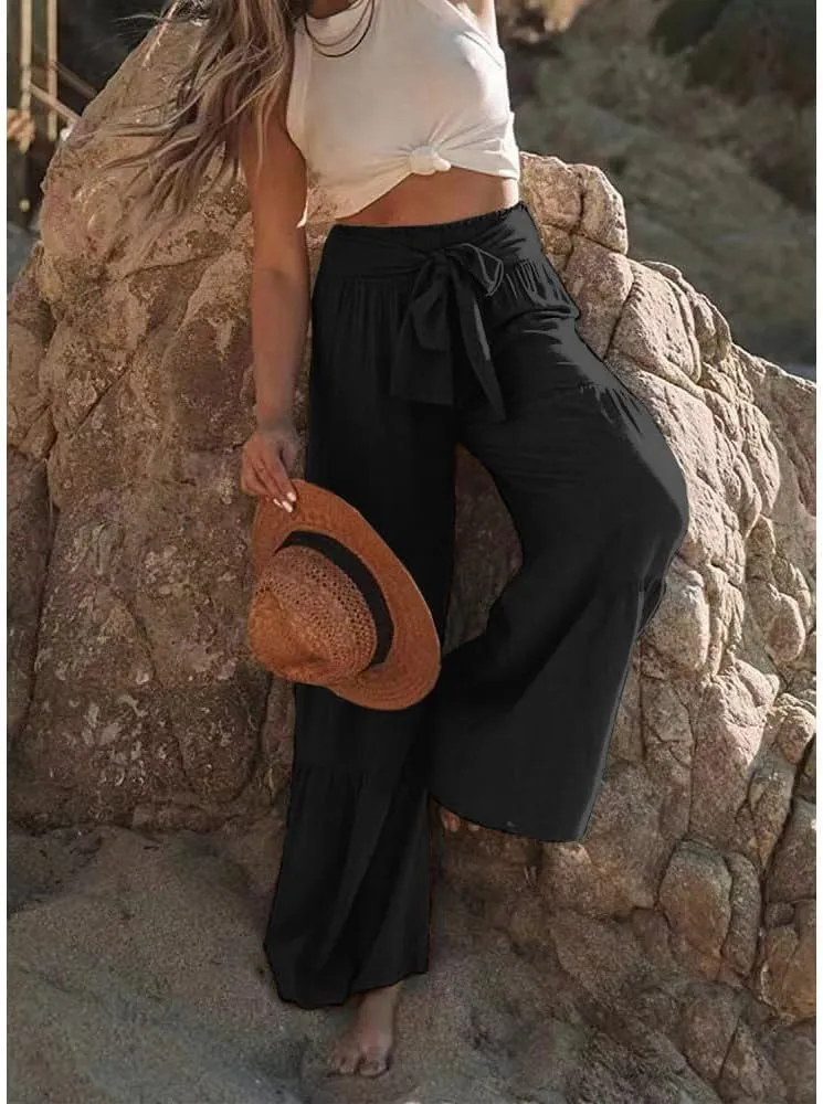 Womens Cotton Linen Wide Leg Flare Pants Fashion Belted High Waisted Layered Smocked Ruffled Solid Lounge Trousers