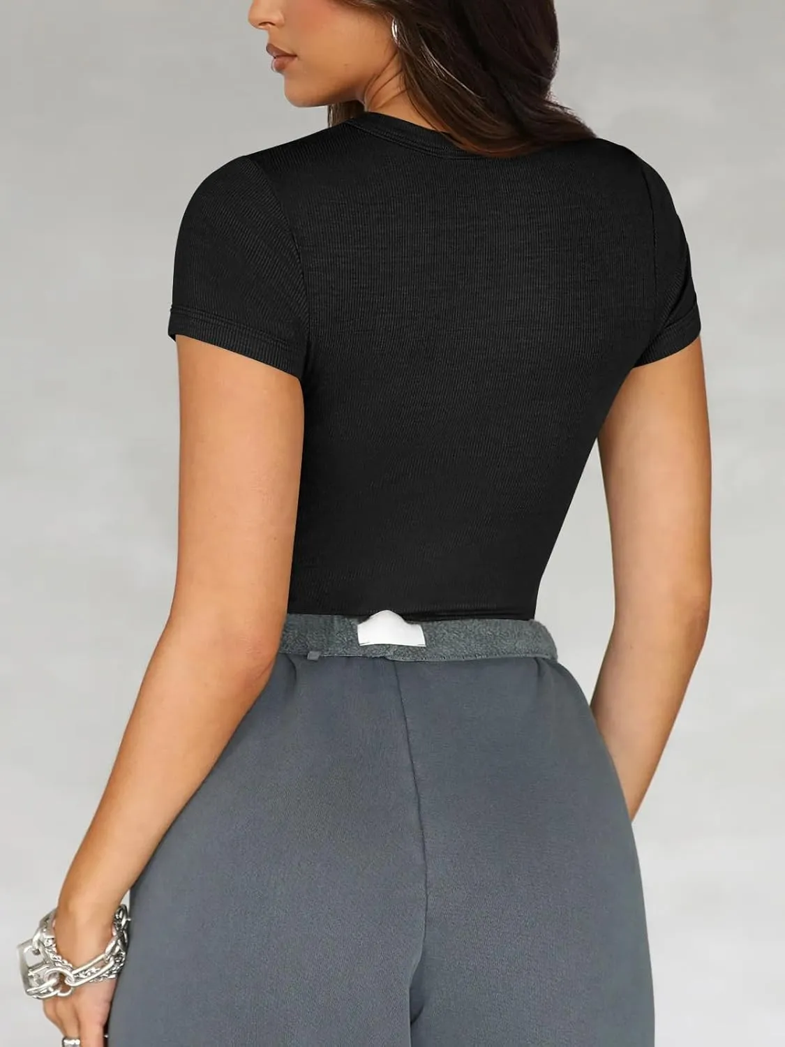 Womens Crew Neck Ribbed Skim Short Sleeve Fitted T Shirts Casual Basic Tight Tees Stretchy Tops for Women