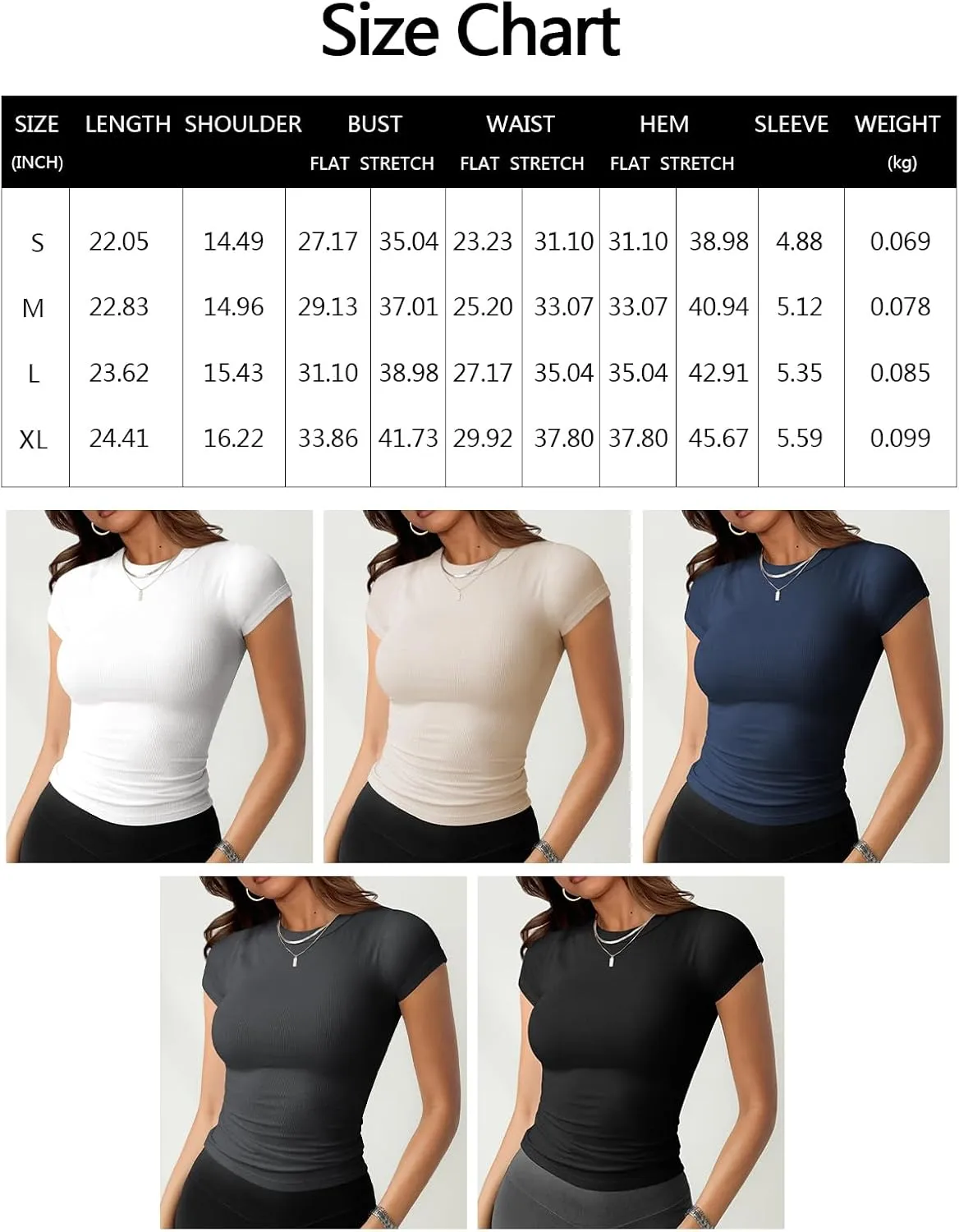 Womens Crew Neck Ribbed Skim Short Sleeve Fitted T Shirts Casual Basic Tight Tees Stretchy Tops for Women
