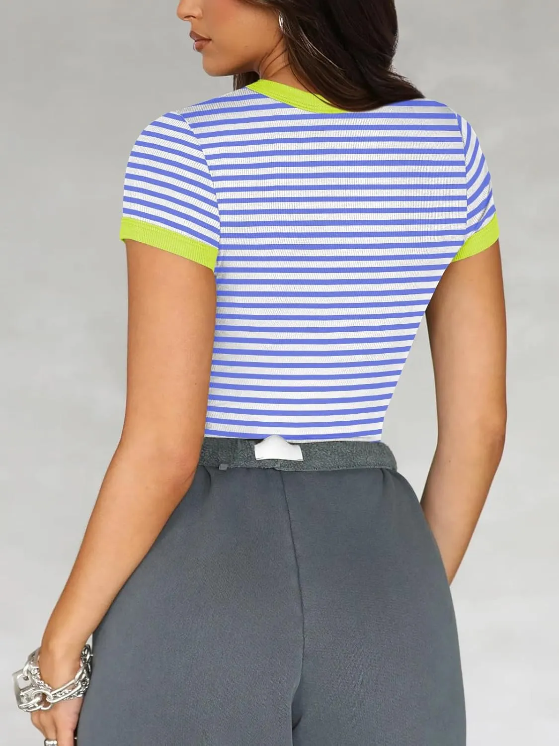 Womens Crew Neck Ribbed Skim Short Sleeve Fitted T Shirts Casual Basic Tight Tees Stretchy Tops for Women