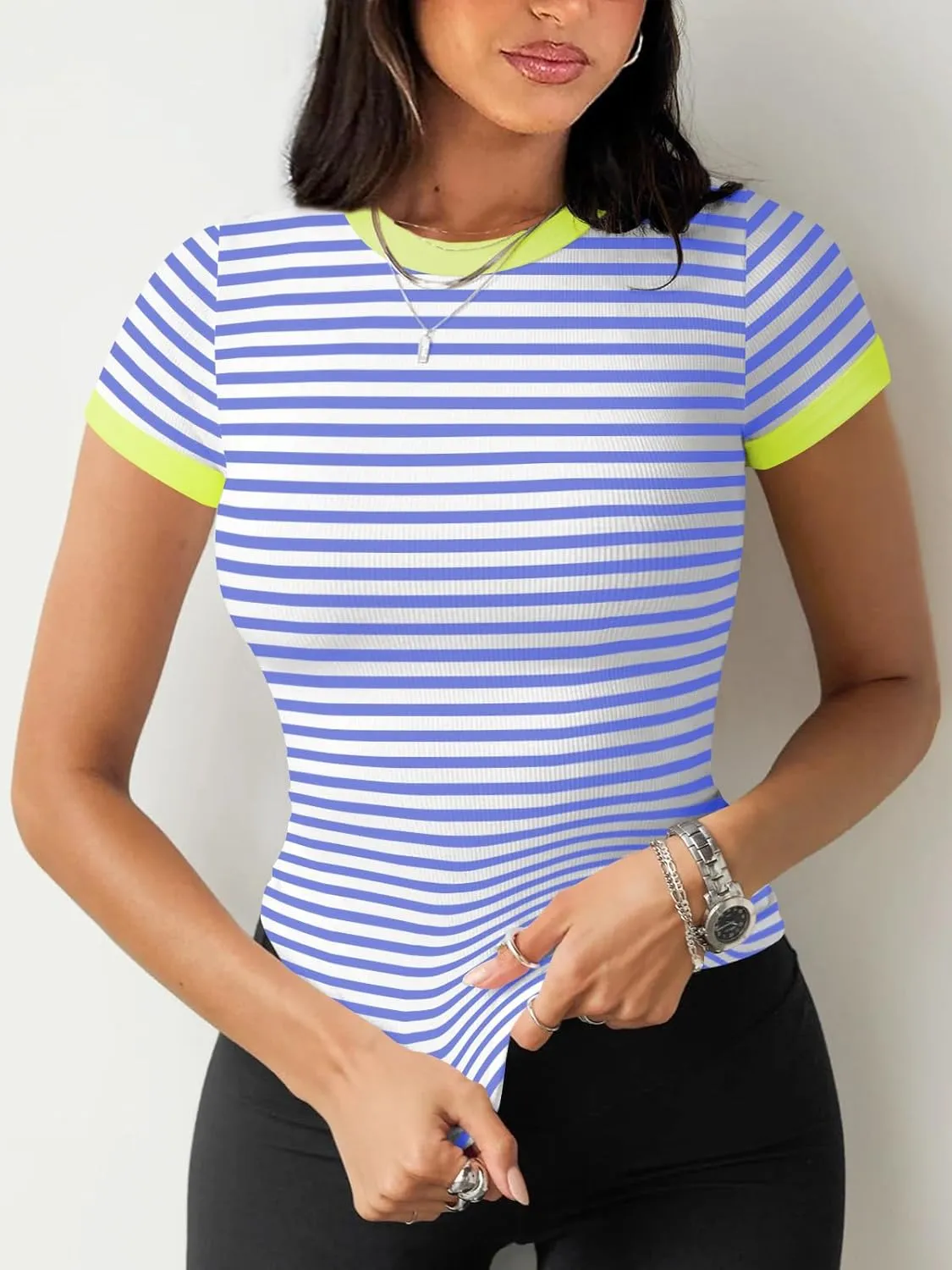 Womens Crew Neck Ribbed Skim Short Sleeve Fitted T Shirts Casual Basic Tight Tees Stretchy Tops for Women