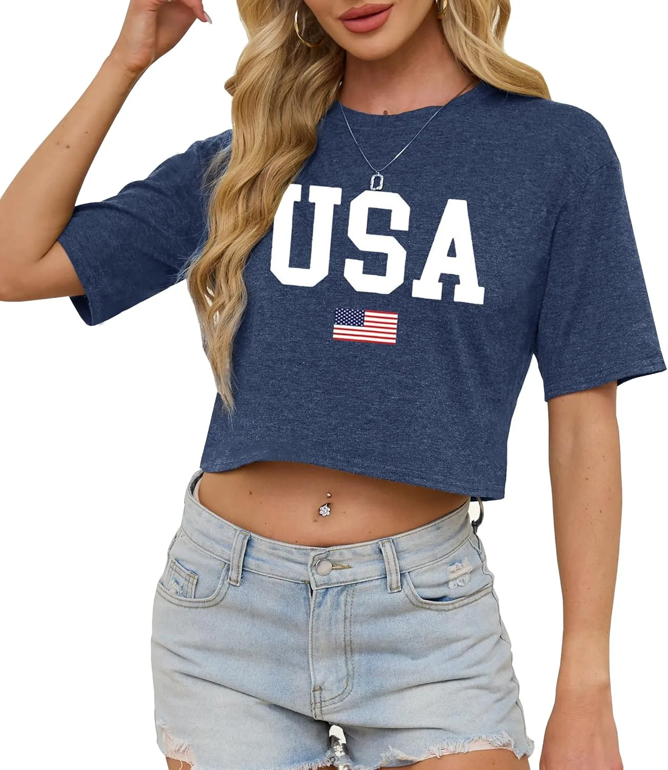 Womens Crop Tops Cute USA Graphic Tees Casual Rock Band Cropped T-Shirts Summer Beach Clothes Teen Girls