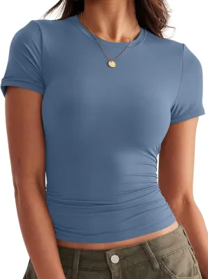 Womens Double Lined Tops Crewneck Short Sleeve Tees Basic Slim Fit T Shirts Y2K Summer Clothes 2025
