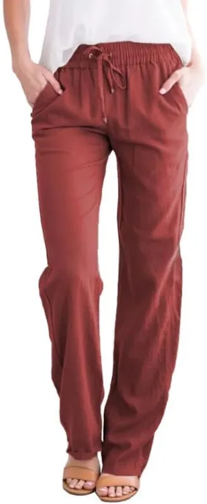 Women's Drawstring Elastic High Waist Trousers Solid Casual Loose Wide Leg Pants with Pockets