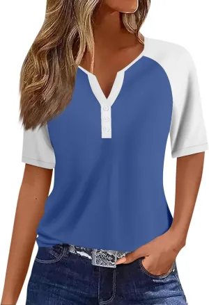Womens Fashion Henley Raglan Short Sleeve Tops Basic Tunic T-Shirts Casual Button Down Half Sleeve Blouses