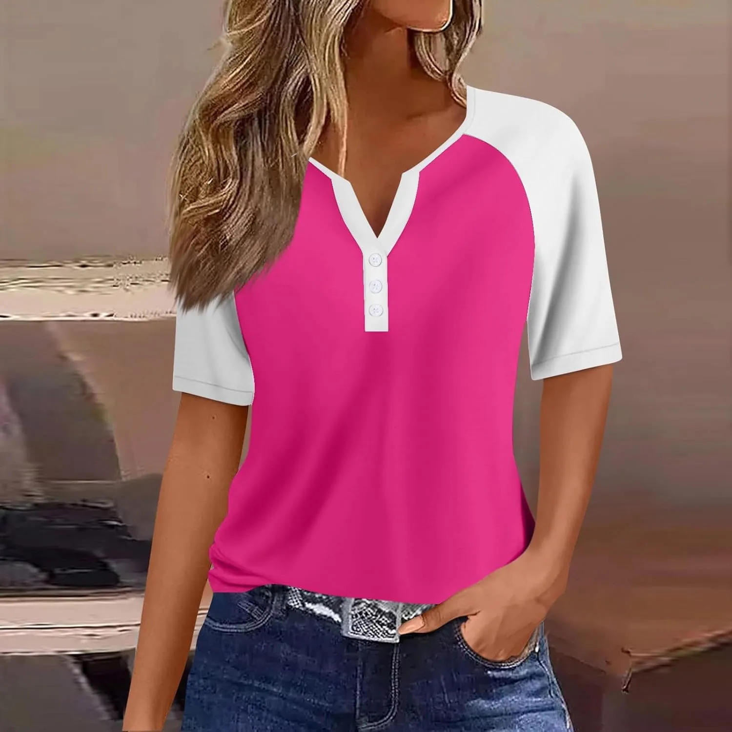 Womens Fashion Henley Raglan Short Sleeve Tops Basic Tunic T-Shirts Casual Button Down Half Sleeve Blouses