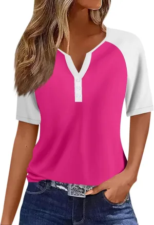 Womens Fashion Henley Raglan Short Sleeve Tops Basic Tunic T-Shirts Casual Button Down Half Sleeve Blouses