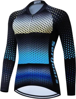 Women's Long Sleeve Cycling Jersey, Quick Dry Bike Top with Reflective Strip, Zipper and Pockets