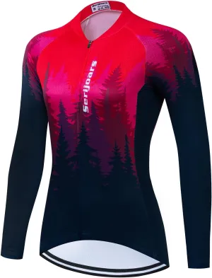 Women's Long Sleeve Cycling Jersey, Quick Dry Bike Top with Reflective Strip, Zipper and Pockets