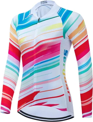Women's Long Sleeve Cycling Jersey, Quick Dry Bike Top with Reflective Strip, Zipper and Pockets