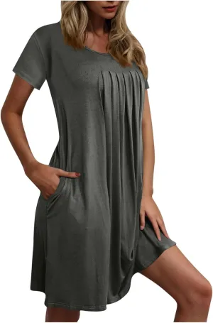 Women's Pleated Front Summer Dresses Casual Short Sleeve T Shirts Nightgowns Mini Comfy Sleep Dress with Pockets