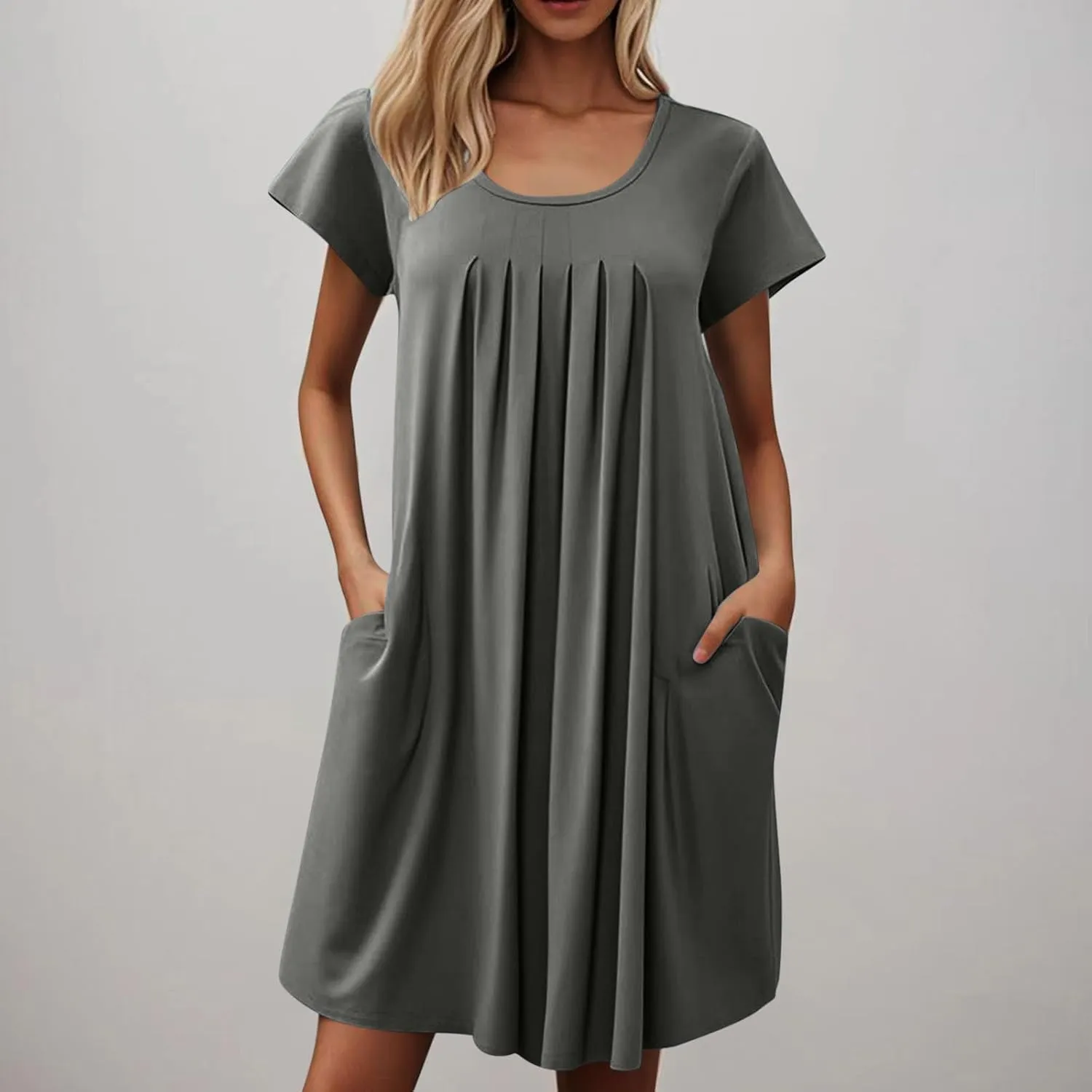 Women's Pleated Front Summer Dresses Casual Short Sleeve T Shirts Nightgowns Mini Comfy Sleep Dress with Pockets