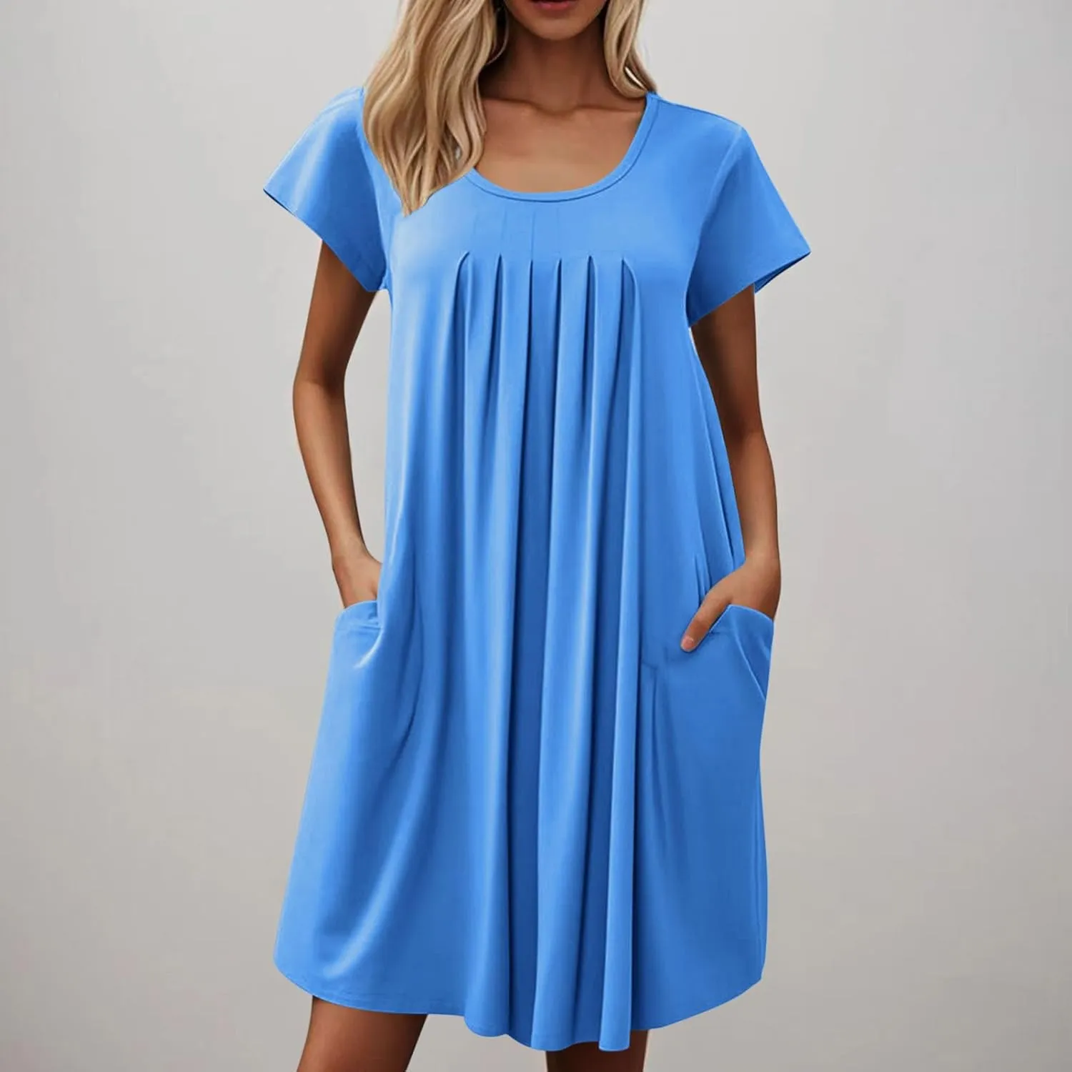 Women's Pleated Front Summer Dresses Casual Short Sleeve T Shirts Nightgowns Mini Comfy Sleep Dress with Pockets