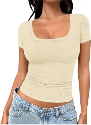 Womens Short Sleeve T Shirts Slim Fit Crop Scoop Neck Tunic Casual Trendy Business Work Basic Tees Summer Tops