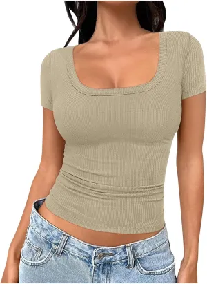 Womens Short Sleeve T Shirts Slim Fit Crop Scoop Neck Tunic Casual Trendy Business Work Basic Tees Summer Tops