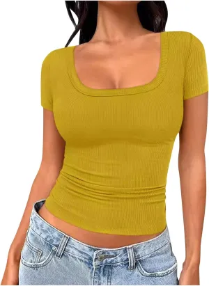 Womens Short Sleeve T Shirts Slim Fit Crop Scoop Neck Tunic Casual Trendy Business Work Basic Tees Summer Tops