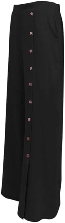 Womens Single Breasted Wide Leg Linen Pants Summer Casual High Waist Side Split Hem Palazzo Trousers with Pockets