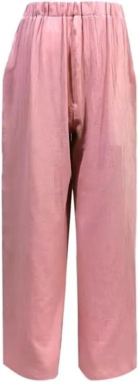 Womens Single Breasted Wide Leg Linen Pants Summer Casual High Waist Side Split Hem Palazzo Trousers with Pockets