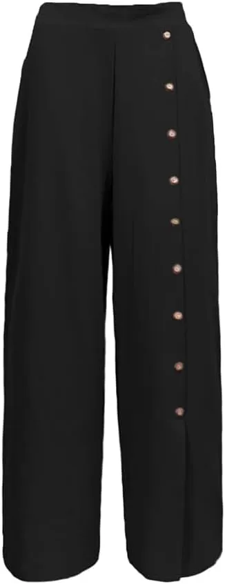 Womens Single Breasted Wide Leg Linen Pants Summer Casual High Waist Side Split Hem Palazzo Trousers with Pockets