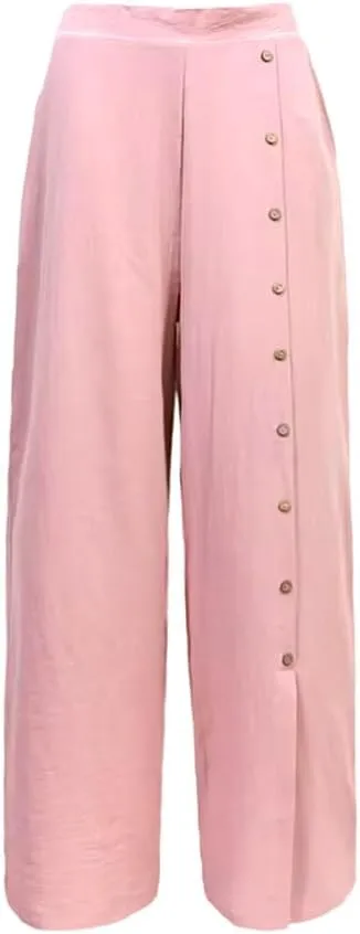 Womens Single Breasted Wide Leg Linen Pants Summer Casual High Waist Side Split Hem Palazzo Trousers with Pockets