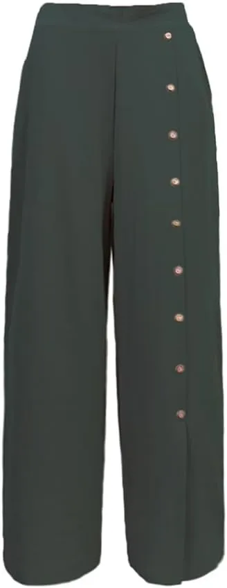 Womens Single Breasted Wide Leg Linen Pants Summer Casual High Waist Side Split Hem Palazzo Trousers with Pockets