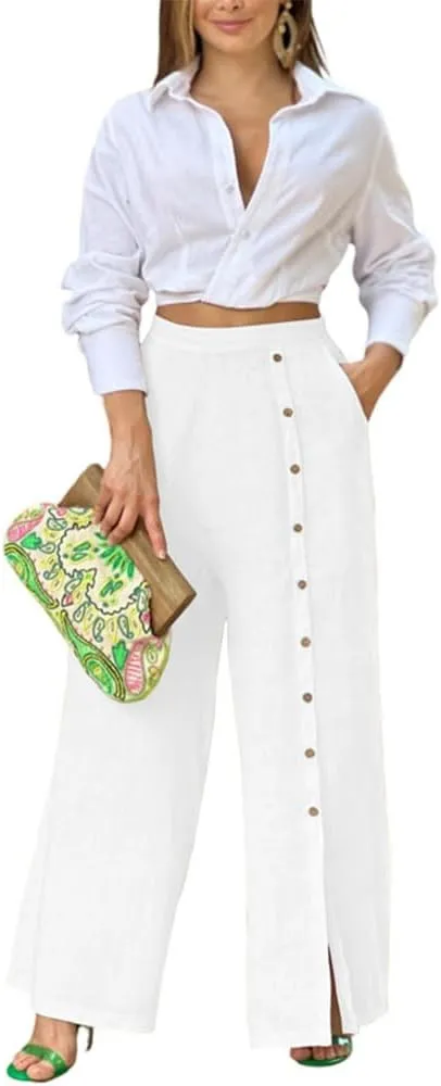 Womens Single Breasted Wide Leg Linen Pants Summer Casual High Waist Side Split Hem Palazzo Trousers with Pockets
