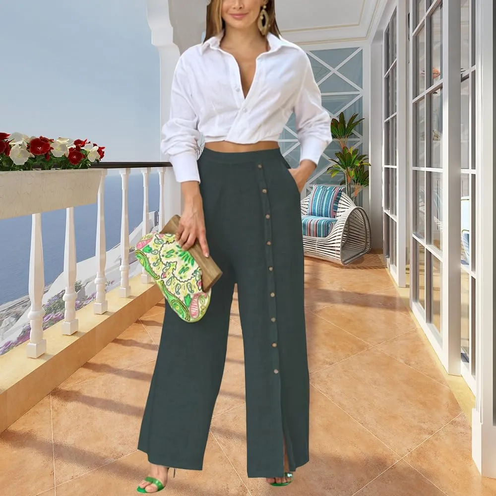 Womens Single Breasted Wide Leg Linen Pants Summer Casual High Waist Side Split Hem Palazzo Trousers with Pockets