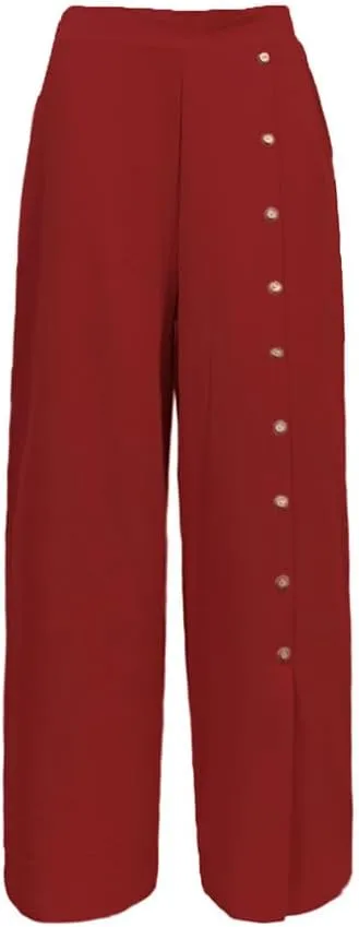 Womens Single Breasted Wide Leg Linen Pants Summer Casual High Waist Side Split Hem Palazzo Trousers with Pockets