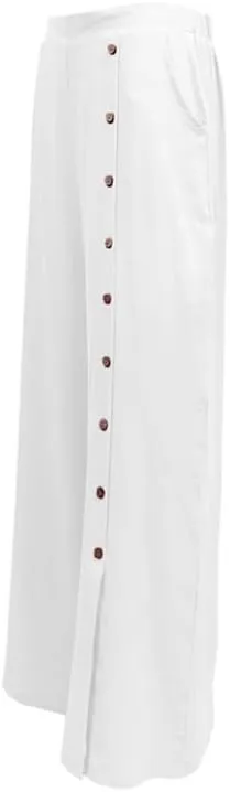 Womens Single Breasted Wide Leg Linen Pants Summer Casual High Waist Side Split Hem Palazzo Trousers with Pockets