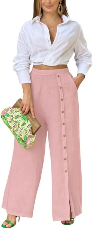 Womens Single Breasted Wide Leg Linen Pants Summer Casual High Waist Side Split Hem Palazzo Trousers with Pockets