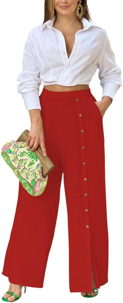 Womens Single Breasted Wide Leg Linen Pants Summer Casual High Waist Side Split Hem Palazzo Trousers with Pockets