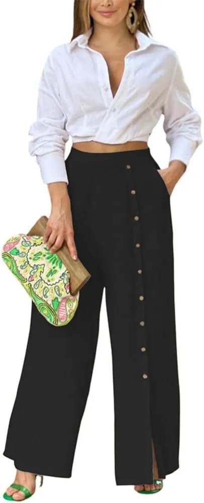 Womens Single Breasted Wide Leg Linen Pants Summer Casual High Waist Side Split Hem Palazzo Trousers with Pockets