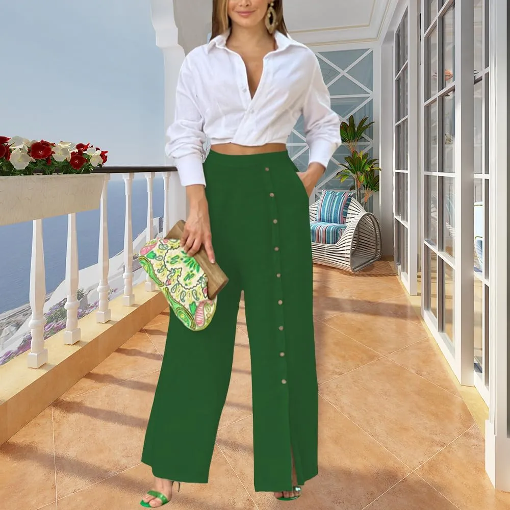 Womens Single Breasted Wide Leg Linen Pants Summer Casual High Waist Side Split Hem Palazzo Trousers with Pockets