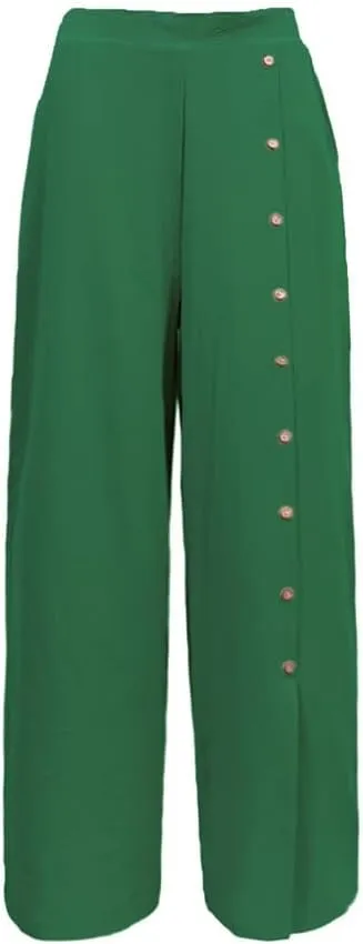 Womens Single Breasted Wide Leg Linen Pants Summer Casual High Waist Side Split Hem Palazzo Trousers with Pockets