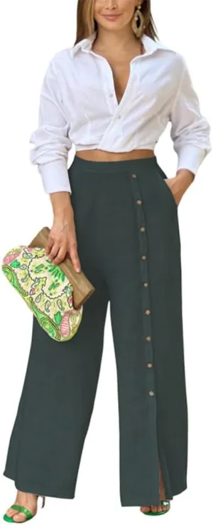 Womens Single Breasted Wide Leg Linen Pants Summer Casual High Waist Side Split Hem Palazzo Trousers with Pockets