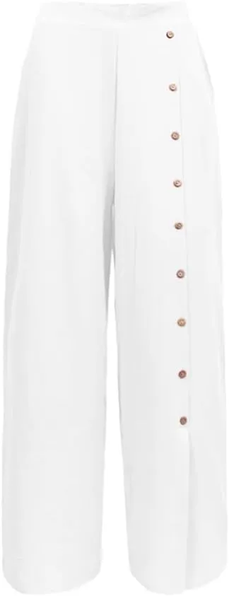 Womens Single Breasted Wide Leg Linen Pants Summer Casual High Waist Side Split Hem Palazzo Trousers with Pockets