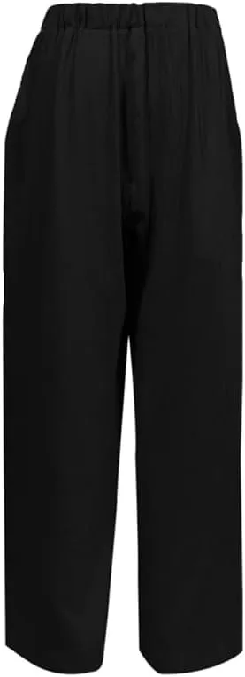Womens Single Breasted Wide Leg Linen Pants Summer Casual High Waist Side Split Hem Palazzo Trousers with Pockets
