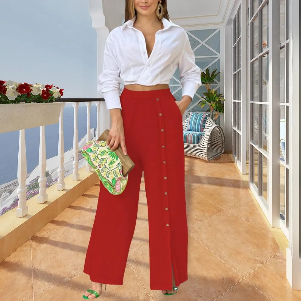 Womens Single Breasted Wide Leg Linen Pants Summer Casual High Waist Side Split Hem Palazzo Trousers with Pockets